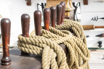 Ship's tackle on the deck of battle ship - ropes - military historical vessel