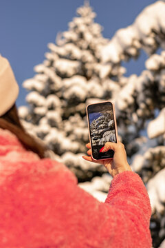 Young woman in pink coat takes pictures of snow-covered fir trees on her smartphone.Winter,technology,social media concept.Selective focus,view behind,close up.