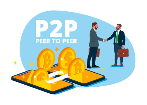 Crypto currency exchange bitcoin, financial technology. Businessman with business partner exchange digital money via smart phone. P2P, peer to peer and fintech. Flat vector illustration.