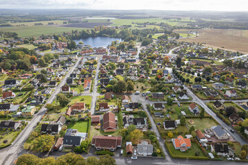 Aerial view on a little village in Sweden, Europe. Many private and residential houses and beautiful nature. 