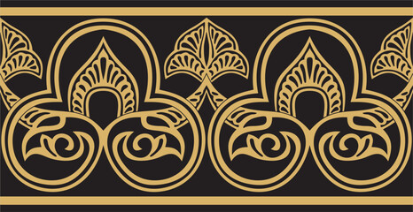 Vector golden seamless oriental national ornament. Endless ethnic floral border, arab peoples frame. Persian painting.