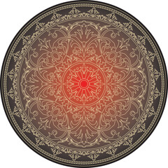 Vector classic colored round ornament. Red pattern in a circle. Drawing of Greece and Ancient Rome. Flower drawing.