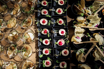 light snacks for the holiday, catering. Various light snacks. Catering plate. Assortment of sandwiches on the buffet table. meat, fish, vegetable canapes.