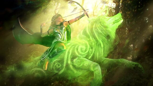 A beautiful female archer in a sunny forest, riding a green magical horned wolf spirit with patterns on his body, she is the guardian of the forest pulling a magic arrow. clean looped 2d animation