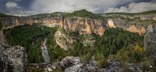 Panoramic view from above of one of the gorges of the Cabriel river in the provinces of Cuenca and...