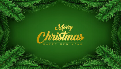 merry christmas and happy new year with green fir leaves border background