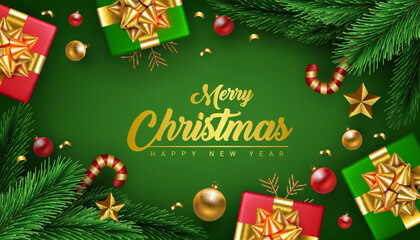 realistic merry christmas and happy new year decorative celebration background design