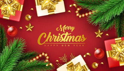Fototapeta na wymiar realistic red merry christmas and happy new year decorative banner background
