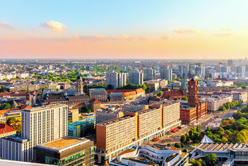 Aerial sunset panorama of the downtown of Berlin, Germany