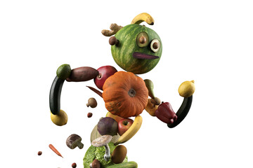 Concept 3D visualization of a running person made of fruits and vegetables on isolated background...