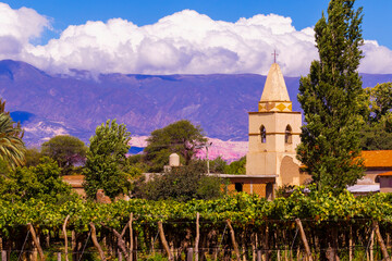 Old chapel next to a small tanat grape vineyard in the Cafayate valley, northern Argentina