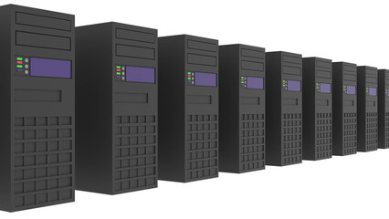 Tower servers in a row on white background. Perspective view 3d illustration. Hosting datacenter hardware