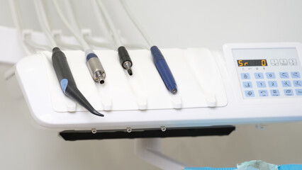 Medical equipment and dentistry closeup. Dental instruments for dental treatment