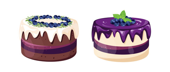 A set of blueberry cakes.Vector illustration of blueberry cakes decorated with blueberries and rosemary.Illustration of a sweet dessert for the holidays, an element for a birthday.