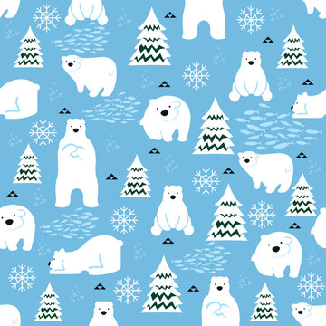 Cute polar bears winter seamless pattern background