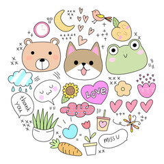 Kawaii set fashion patches badges for sticker , postcard , invitation . vector illustration for kids on a circle background