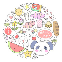 Kawaii set fashion patches badges for sticker , postcard , invitation . vector illustration for kids on a circle background