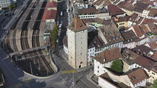 Aerial drone shot from the City Wall and Towers and the train station and city center in Schaffhausen, Switzerland