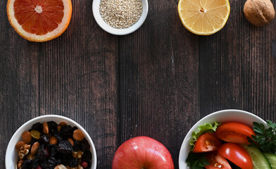 Top view of fresh fruits and vegetables.health care. Balanced diet.