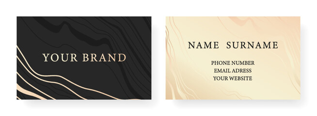Business card  in light colors,
frame design set with gold geometric pattern. Formal premium template for invitation design, Gift card, voucher or luxe name.
