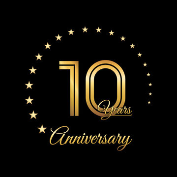 10 Years Anniversary, Perfect template design for anniversary celebration with gold color for booklet, leaflet, magazine, brochure poster, web, invitation or greeting card. Vector template