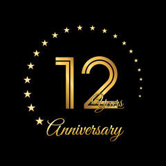 Fototapeta na wymiar 12 Years Anniversary, Perfect template design for anniversary celebration with gold color for booklet, leaflet, magazine, brochure poster, web, invitation or greeting card. Vector template
