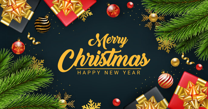 modern merry christmas and happy new year realistic decoration banner design
