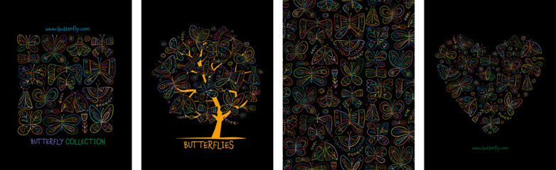 Butterflies collection - frame, tree, backdrop, heart shape. Concept art for your project. Creative template for cards, banner, social media, print promotional materials. Vector illustration