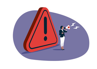 Businesswoman announce on megaphone with attention exclamation sign. Important announcement, breaking news or urgent message communication, alert and beware.