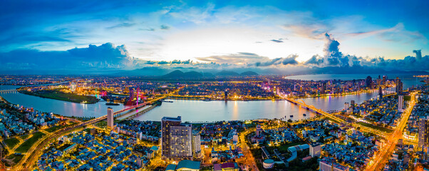 Aerial view of Da Nang city at sunset which is a very famous destination of Vietnam.