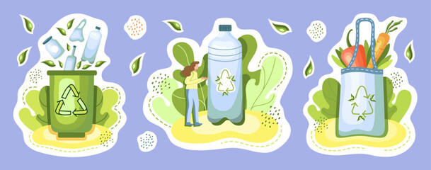 Ecological stickers. Environment protection, sustainability concept. No plastic, safe planet, use your own bag. Reuse. Recycle. Vector illustration.