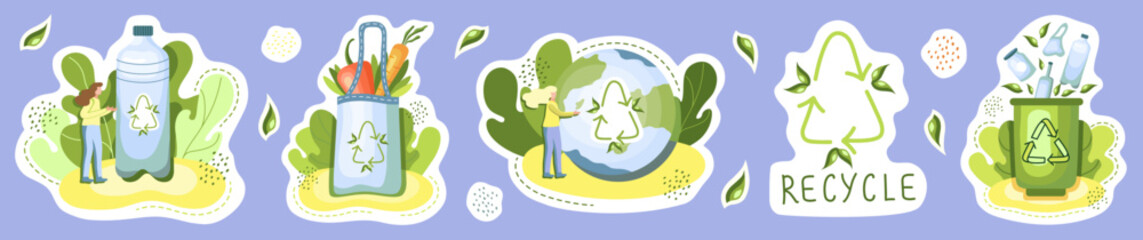 Ecological stickers. Environment protection, sustainability concept. No plastic, safe planet, use your own bag. Reuse. Recycle. Vector illustration.