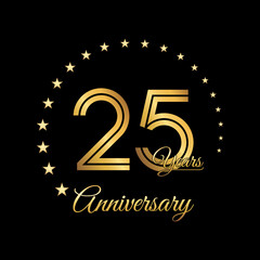 25 Years Anniversary, Perfect template design for anniversary celebration with gold color for booklet, leaflet, magazine, brochure poster, web, invitation or greeting card. Vector template