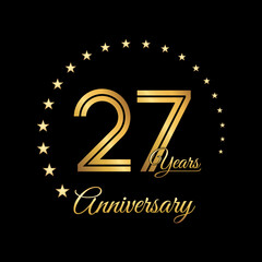 27 Years Anniversary, Perfect template design for anniversary celebration with gold color for booklet, leaflet, magazine, brochure poster, web, invitation or greeting card. Vector template