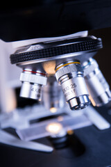 Close-up view of scientific microscopic data analysis in laboratory. Scientists research and...