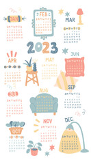 2023 calendar. Calendar posters with furniture doodle. Doodle vector collection. Vector illustration, vertical format. Hand drawn illustration.