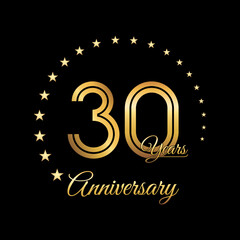 Fototapeta na wymiar 30 Years Anniversary, Perfect template design for anniversary celebration with gold color for booklet, leaflet, magazine, brochure poster, web, invitation or greeting card. Vector template
