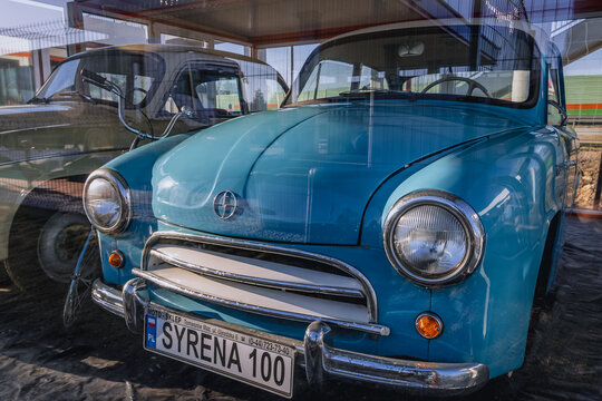 Rawa Mazowiecka, Poland - February 14, 2022: Syrena 100 vintage car on a exhibit on a Moya petrol station on S8 route