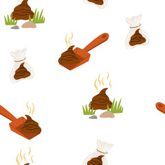 Cleaning for the dog seamless pattern. Hygienic dog bag with poop icon. Cleaning the park after walking pets concept. Hand draw Vector illustration isolated on the white background.