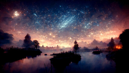 Fototapeta premium landscape, night sky, fantasy, stars, metaverse, digital illustration, digital painting