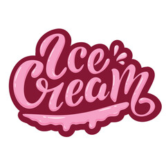 Ice Cream logo. Vector hand lettering. Volume glossy pink letters, melted elements,wine background. Delicious dessert. Creamy texture. Illustration for ice cream shop packaging banner poster flyer.