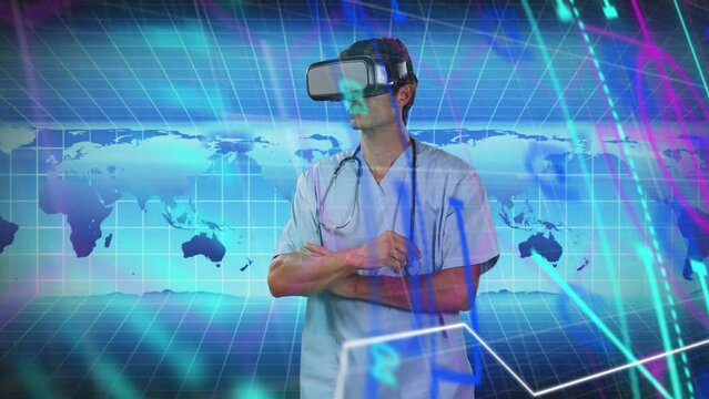 Animation of caucasian male doctor in vr headset over world map and diverse data