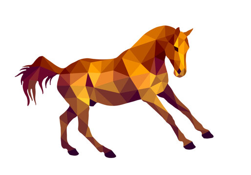 amber color, running stallion Pacer vector-isolated images on white background in low poly style
