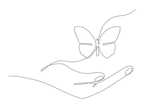 Human hand holding butterfly flying continuous line art drawing. One line butter fly insect. Vector isolated on white.