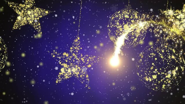 Animation of shooting star and golden stars and baubles on blue background