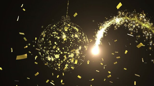 Animation of confetti and shooting star over golden bauble on black background