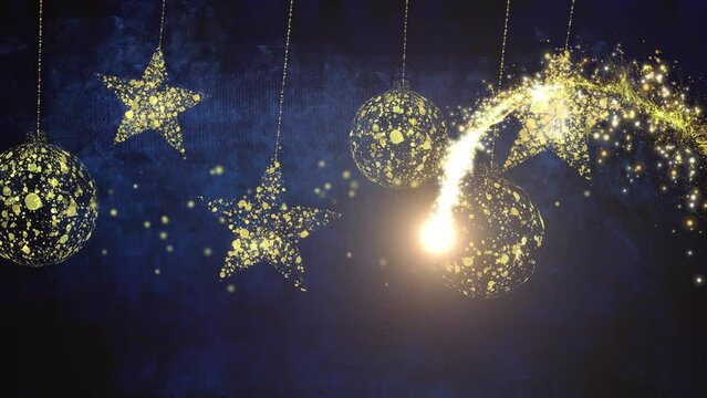 Animation of shooting star over golden stars and baubles on black and blue background