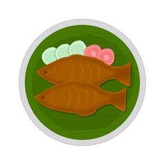 Illustration of fried fish with vegetables on a white plate. This image is suitable for culinary posts.