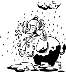 Hand drawn black and white elephant character