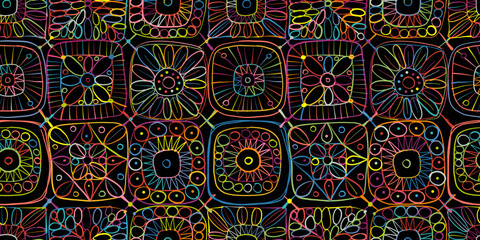 Granny square crochet. Seamless pattern background. Knitted wear. Folk art motif with flowers. Vector illustration